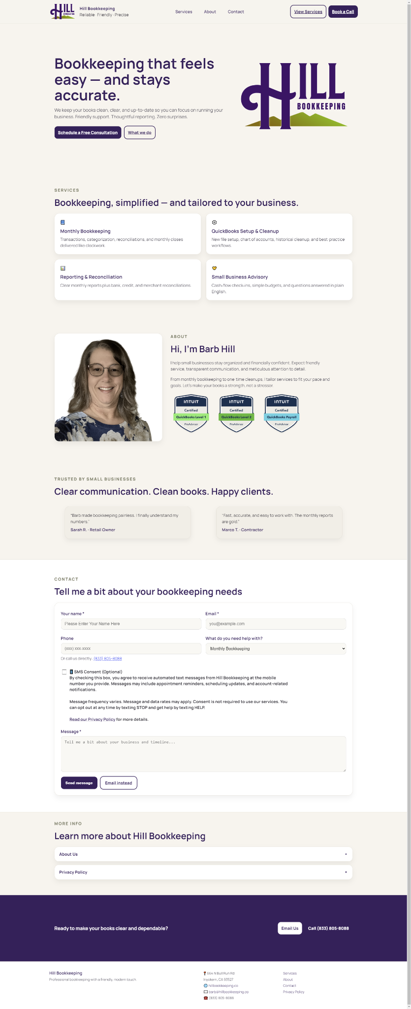 Hill Bookkeeping homepage screenshot